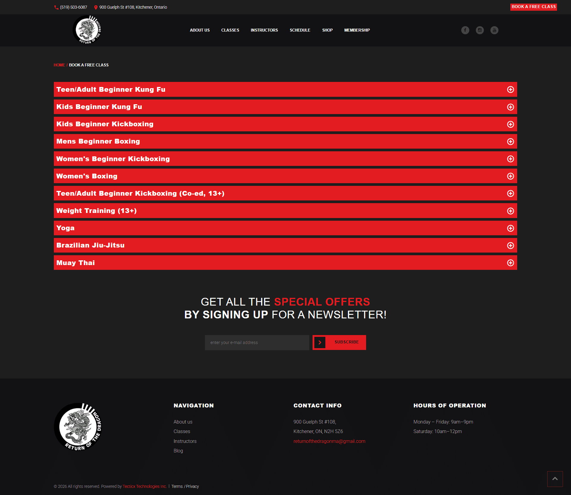 Book a free martial arts class page on the Return of the Dragon website in Kitchener