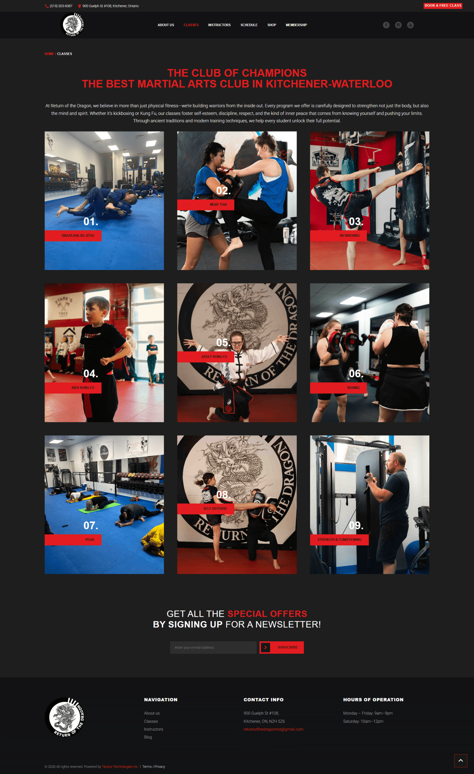 Return of the Dragon martial arts programs page in Kitchener, developed by Tecticx