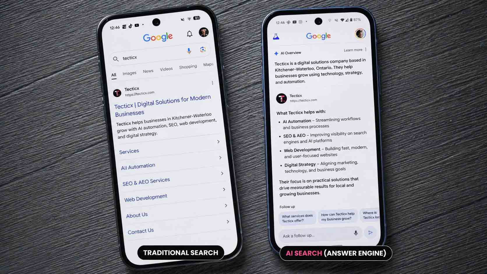 Comparison between traditional Google search results and AI-powered answer engine results for Tecticx