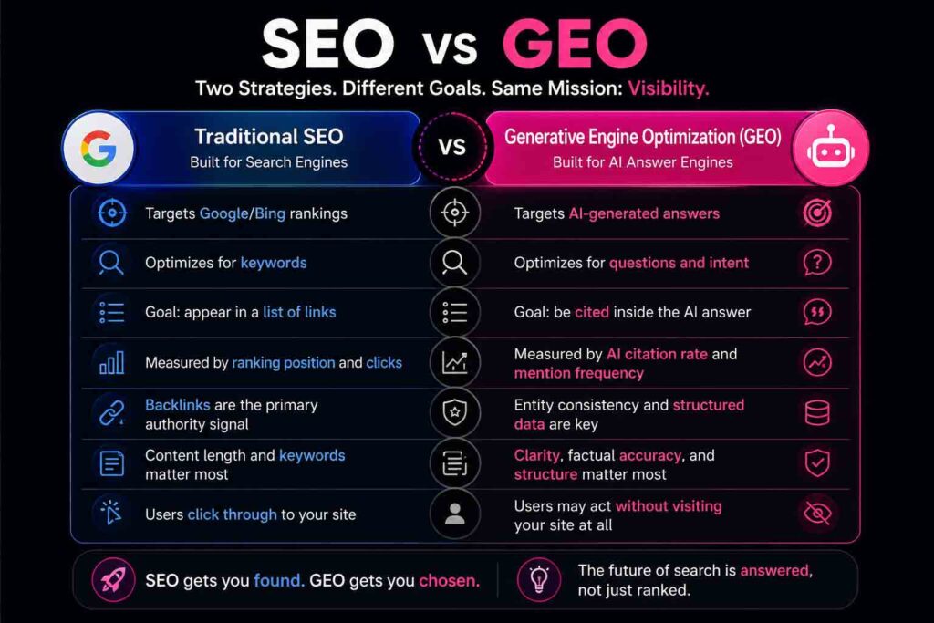 Infographic comparing traditional SEO and generative engine optimization GEO showing differences in rankings, AI answers, and visibility strategies