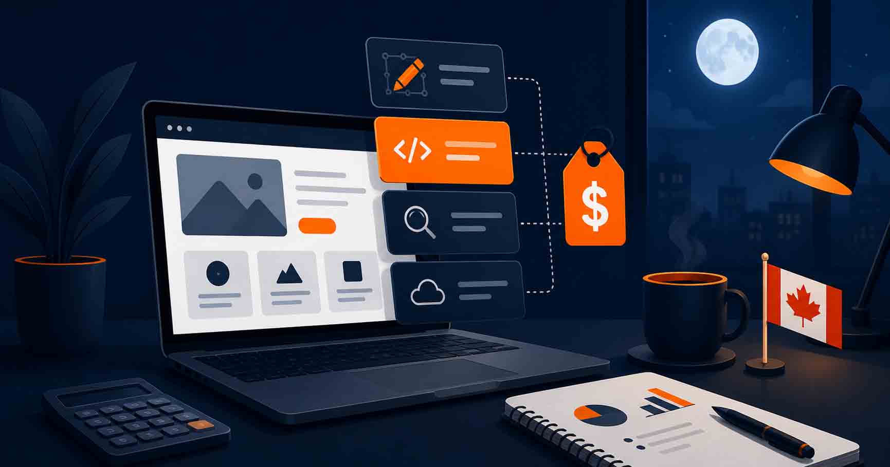 Canadian small business owner reviewing website cost estimates on a laptop — Tecticx web development guide