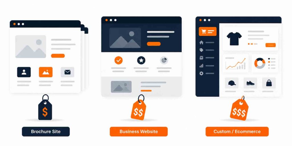 Comparison of three website types in Canada: brochure site, business website, and custom ecommerce build