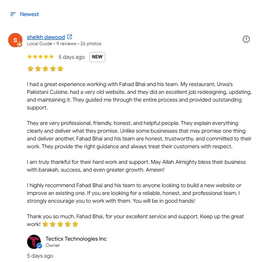 Five-star Google review from Sheikh Dawood, owner of Urwa's Pakistani Cuisine, for Tecticx