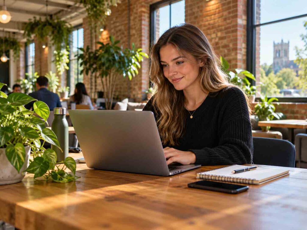 Guelph entrepreneur working on a business website in a bright co-working space