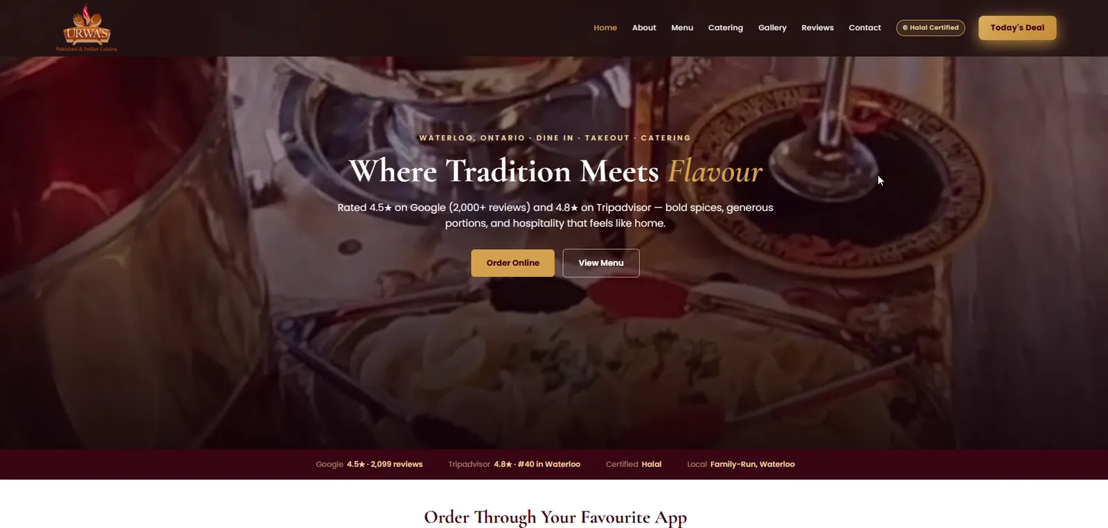 New Urwa's Pakistani Cuisine website homepage with Order Online and View Menu buttons