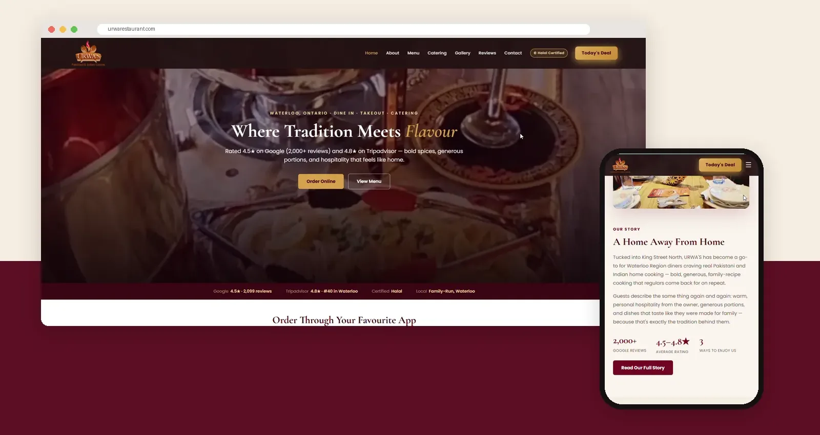 Urwa's Pakistani Cuisine restaurant website design in Waterloo by Tecticx, shown on desktop and mobile