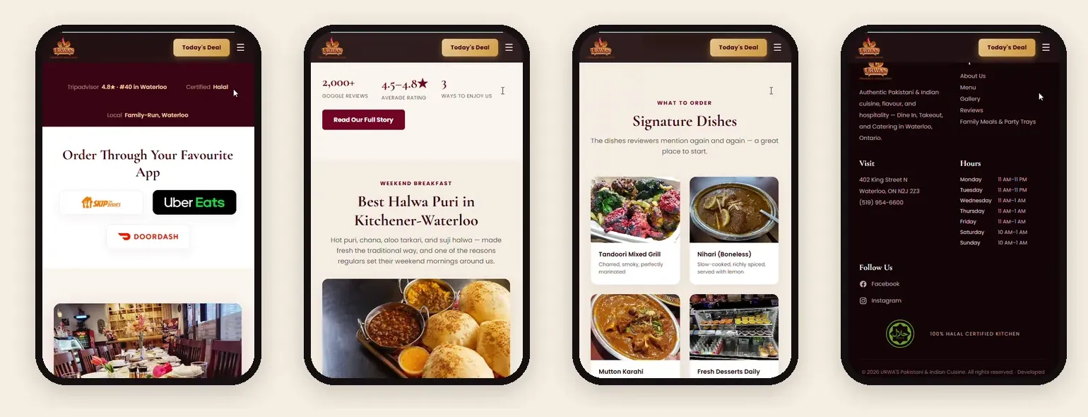 Urwa's Pakistani Cuisine website on mobile phones after the redesign