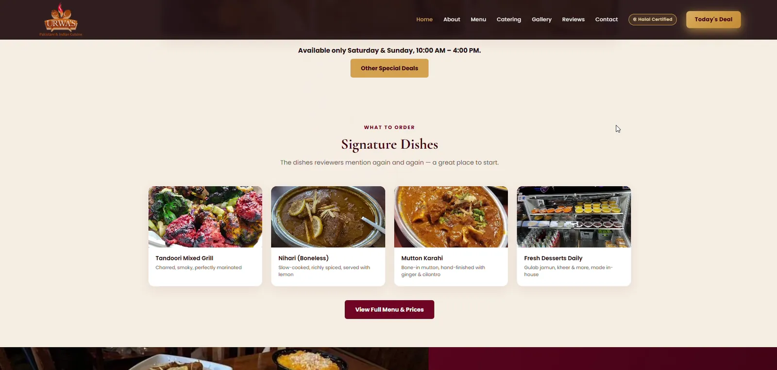 Family meals, party trays and catering section on Urwa's restaurant website