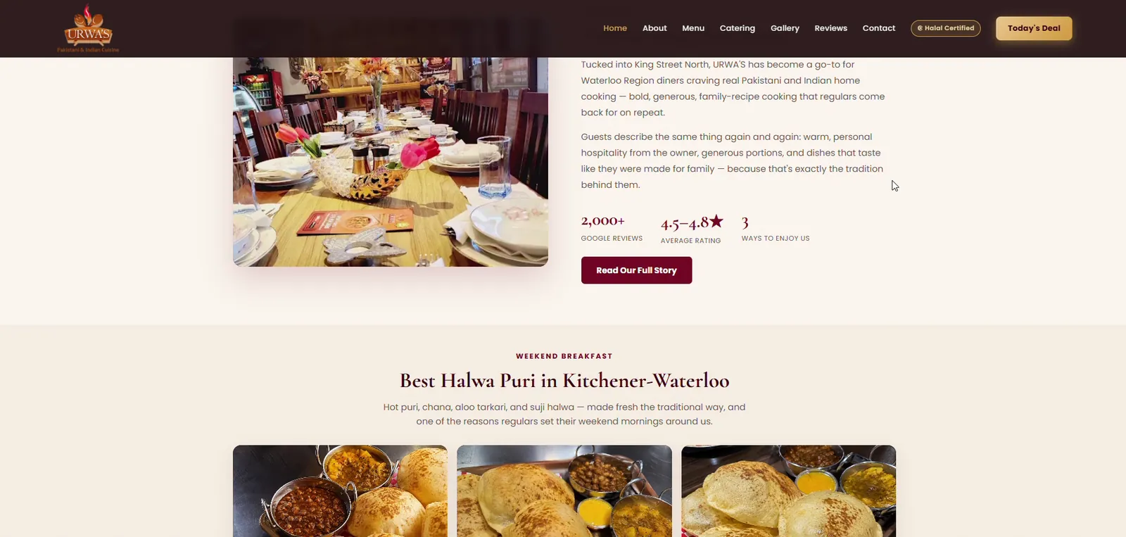 Signature dishes section on the new Urwa's restaurant website in Waterloo